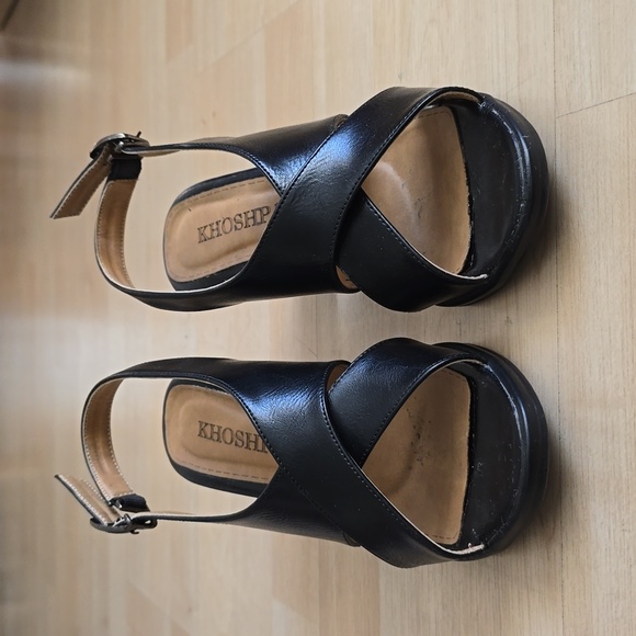 Women Black Leather Peep Toe Block Heels Pumps Size 6 - Picture 6 of 11